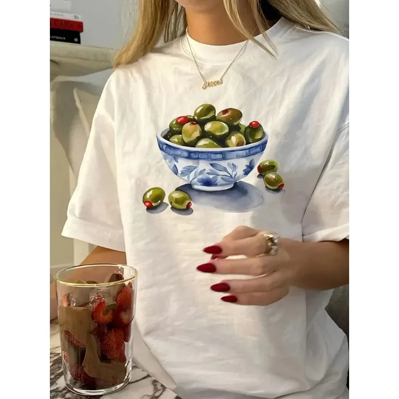 Vintage Geometric Olive Print Summer T-Shirt