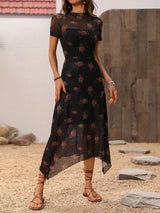 Dark Elegant Floral Print Mesh Maxi Dress