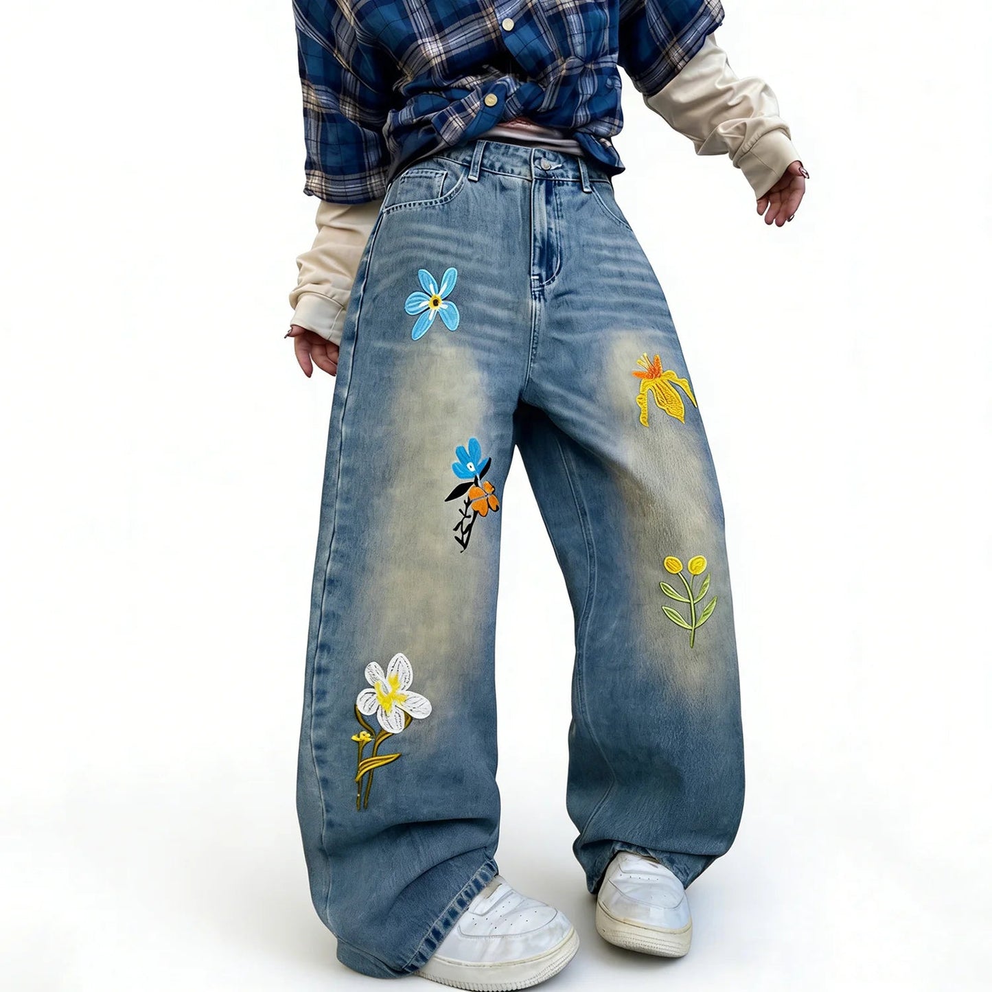 Embroidery Flower Straight Leg Jeans