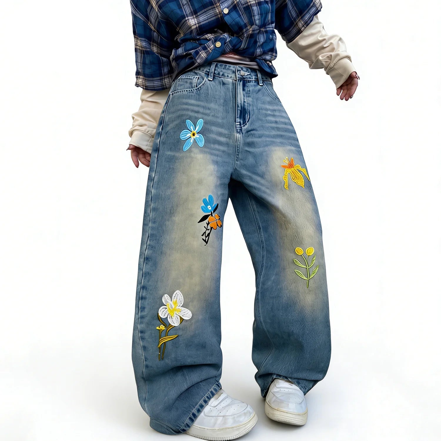 Embroidery Flower Straight Leg Jeans