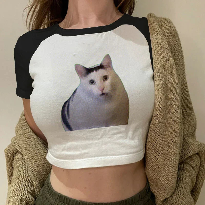 Casual White Basic Cat Print T-Shirt