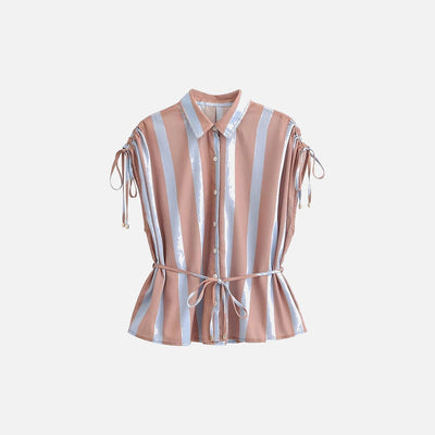 Sleeveless Lapel Collar Striped Shirt