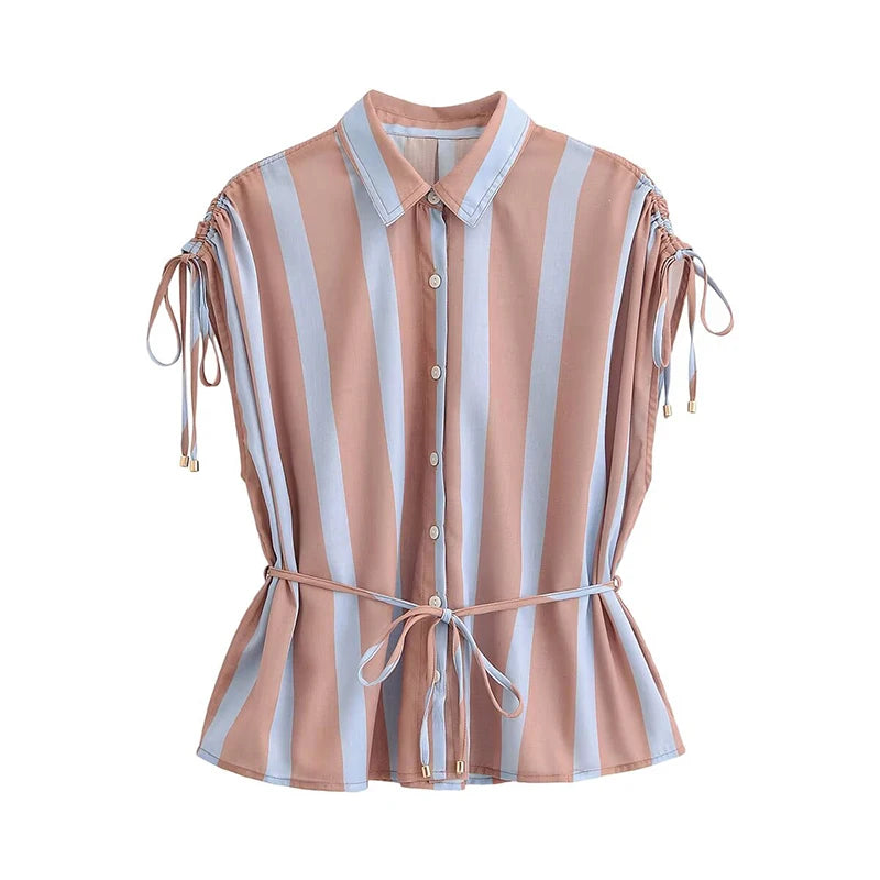 Sleeveless Lapel Collar Striped Shirt