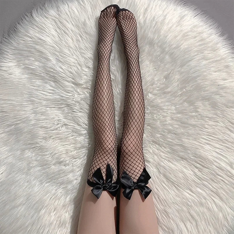 Grunge Lolita Bowknot Over Knee Fishnet Socks