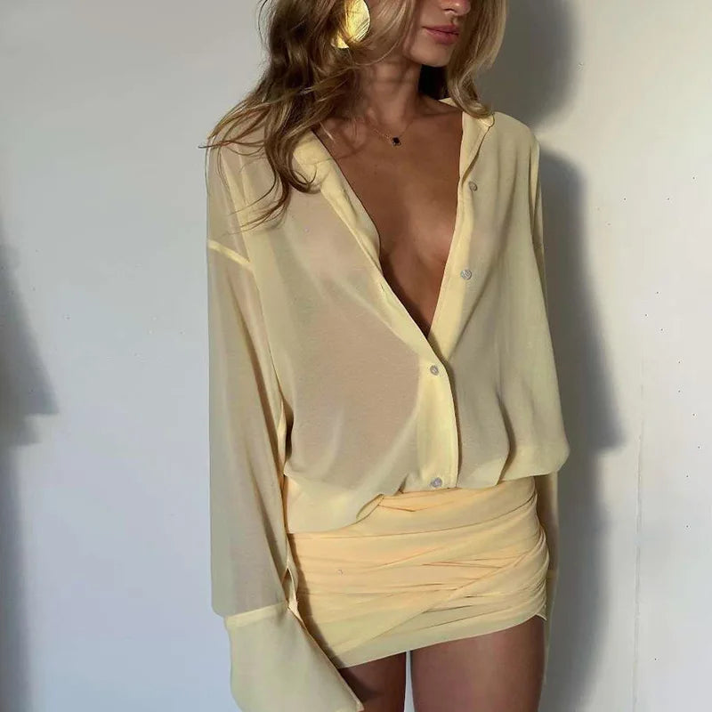 Shirt Style Flare Sleeve Sheer Mini Dress