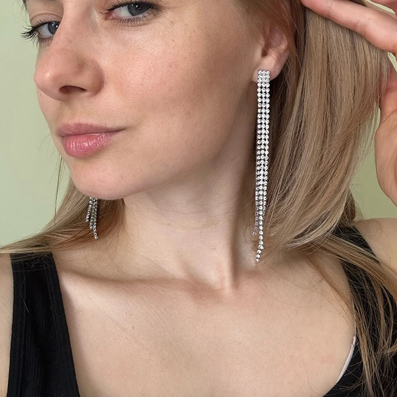 Long Shiny Full Crystal Rhinestone Earrings