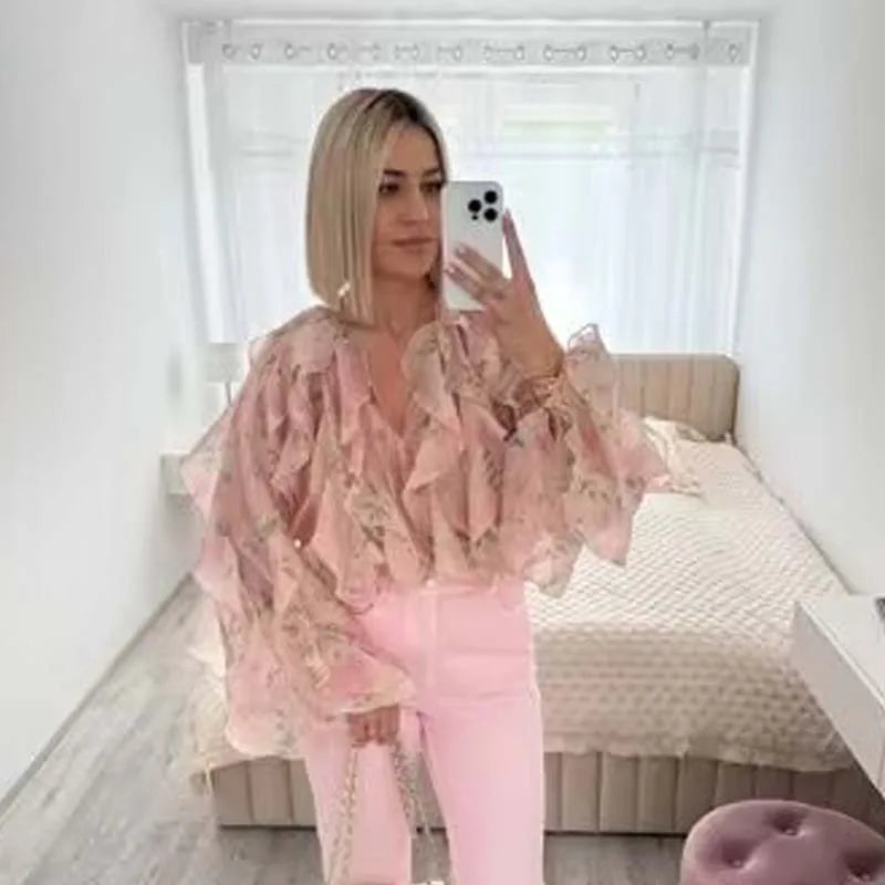 Elegant Floral Print Chiffon Pink Blouse
