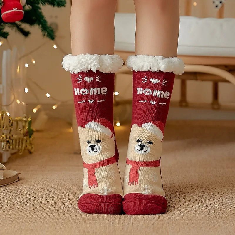 Calcetines cálidos de invierno para mujer, de felpa de pingüino, suaves, antideslizantes, para el suelo, zapatillas, calcetín corto, esponjoso, de ciervo, alce, oso, regalo de Navidad
