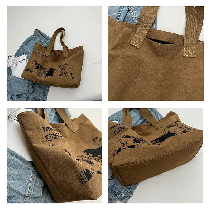 Vintage Cat Print Tote Bag