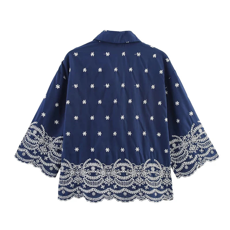 Vintage Sleeve Embroidery Blue Casual Women Shirt