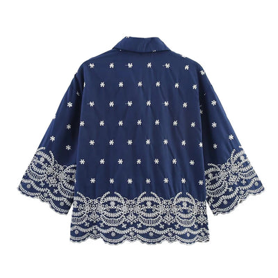 Vintage Ärmelstickerei Blau Lässiges Damenhemd