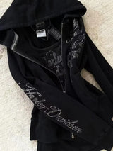 Gothic Drawstring Black Zipper Hoodie