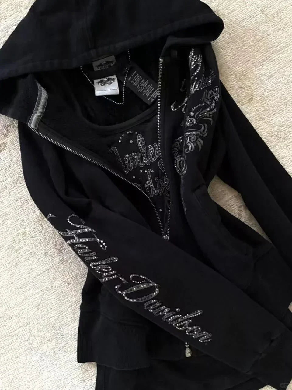 Gothic Drawstring Black Zipper Hoodie