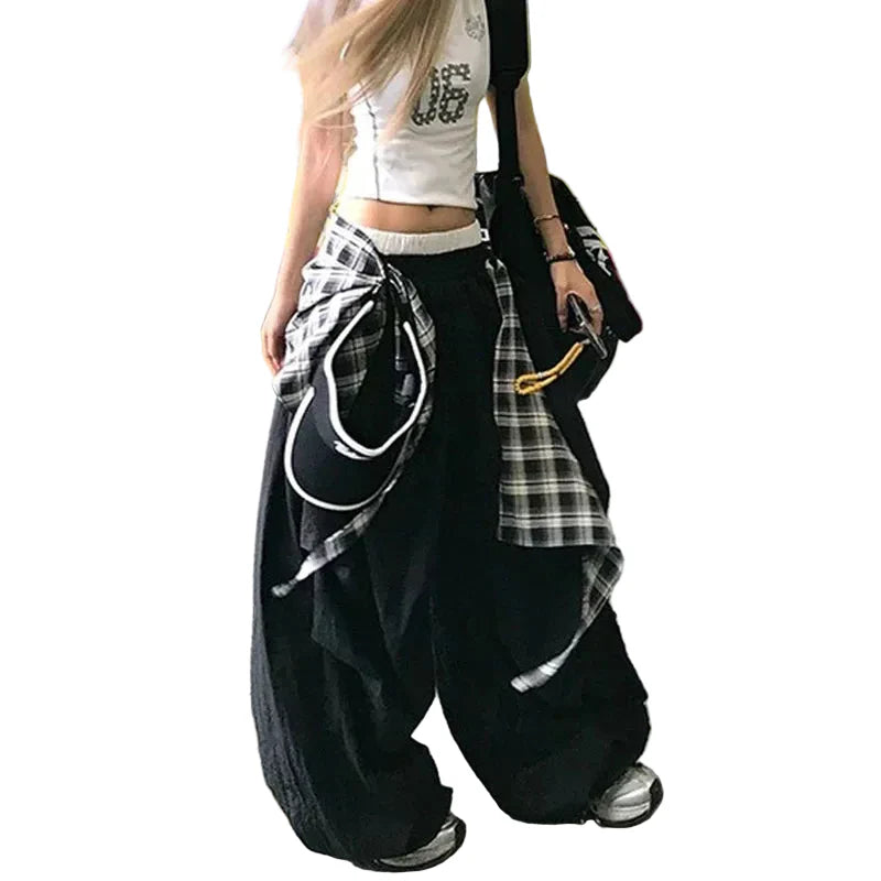 Black Plaid Wide Leg Cargo Pants