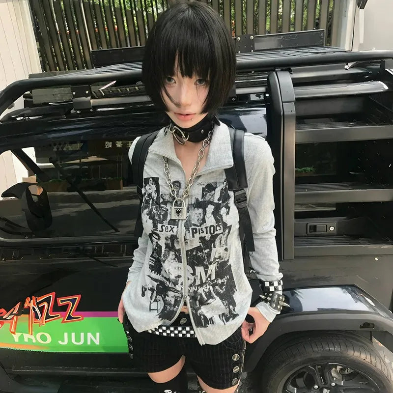 Grunge Graffiti Print Zipper Shirt