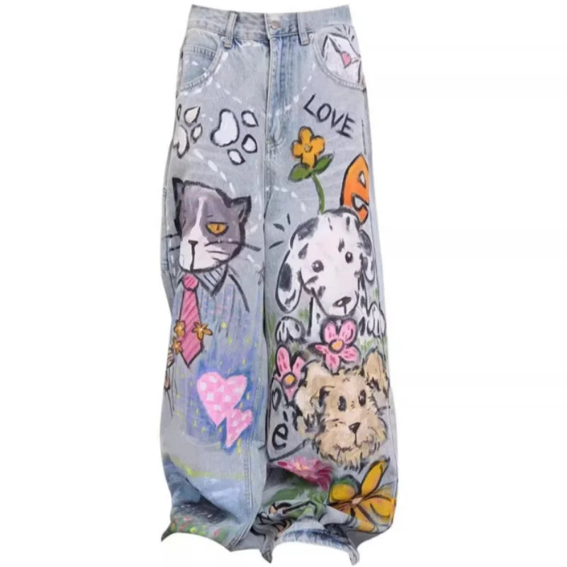 Painted denim skirt with animals and text on a white background