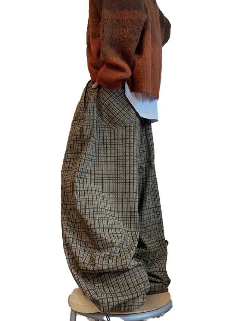 Y2K Olive Plaid Wide Leg Pants