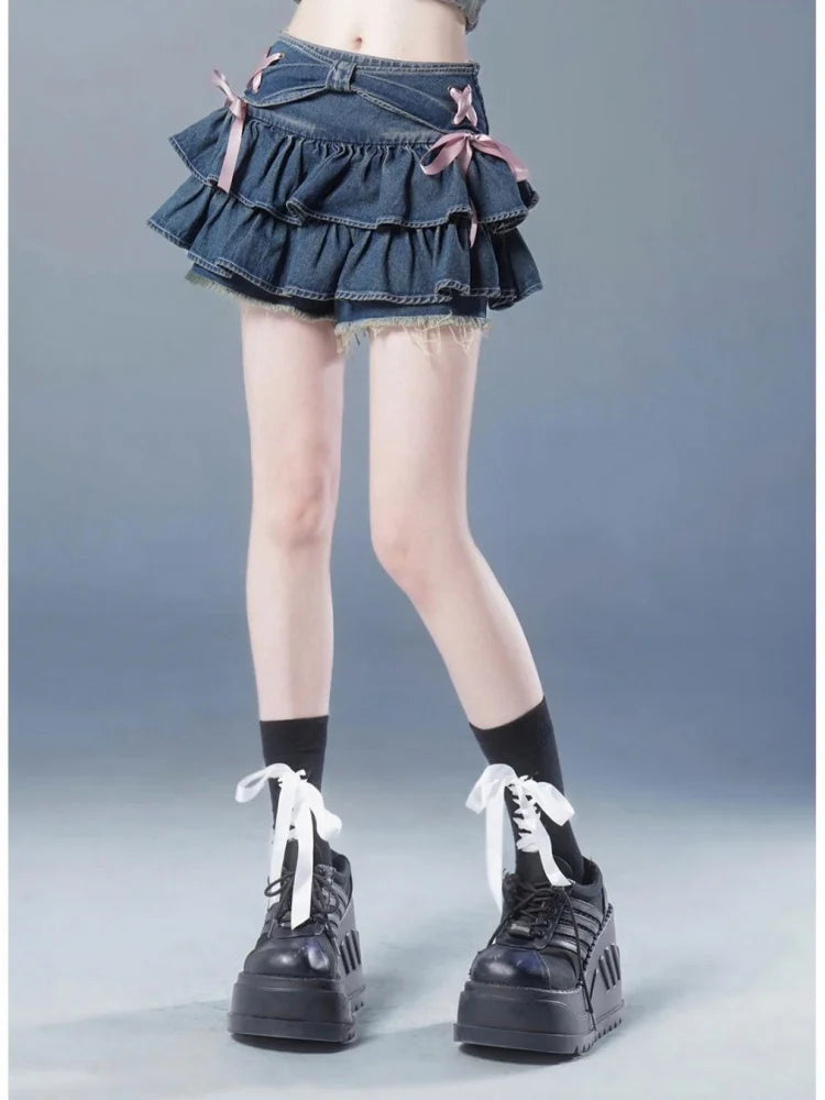 Coquette Core Pleated Denim Mini Skirt
