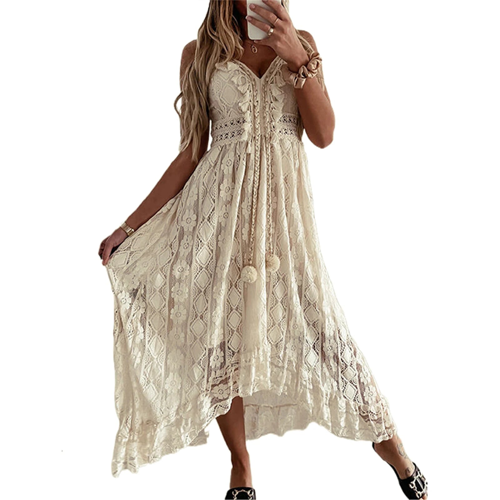 Women's Summer Beach White Boho Maxi Dress
