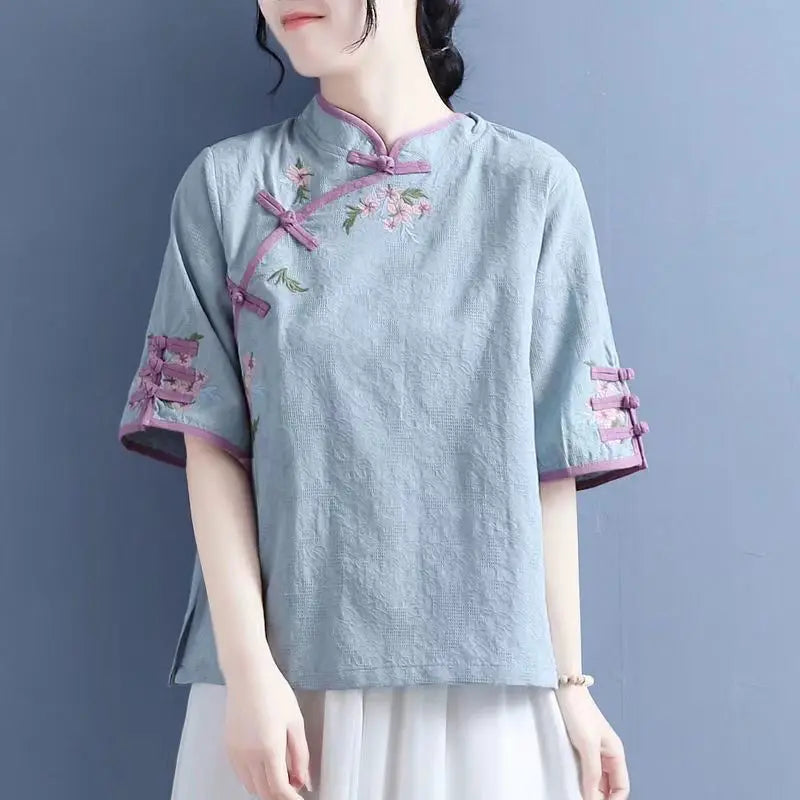 Chinese Style Embroidered Linen Shirt
