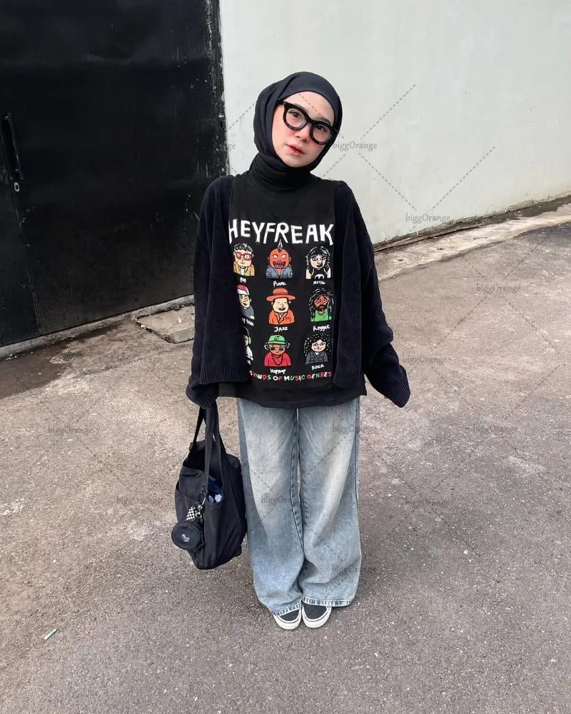 Camiseta Negra Suelta con Estampado de Dibujos Animados Casual