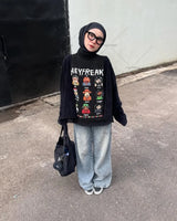 Camiseta Negra Suelta con Estampado de Dibujos Animados Casual