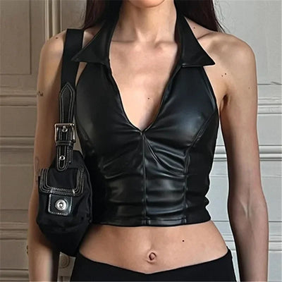 Y2K Baddie Faux Leather Crop Top