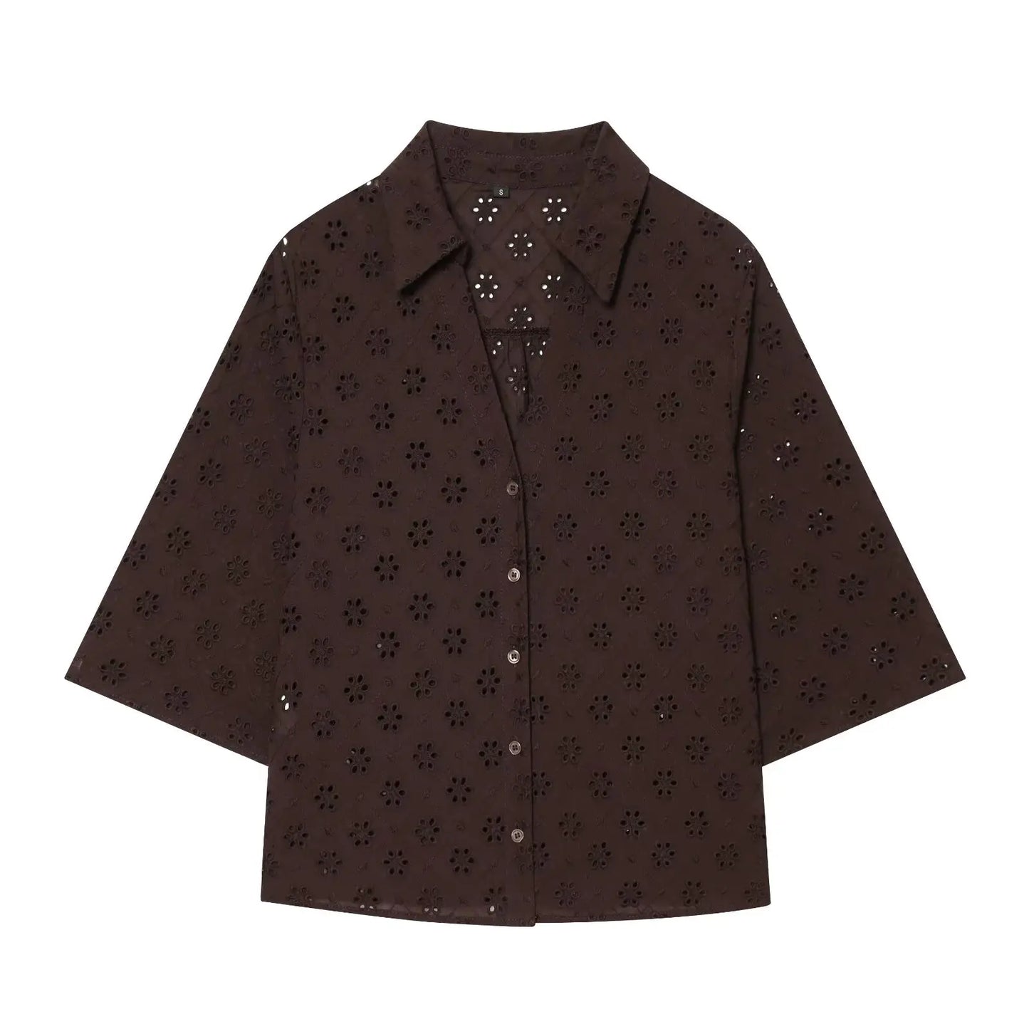 Women Brown Openwork Embroidery Shirt