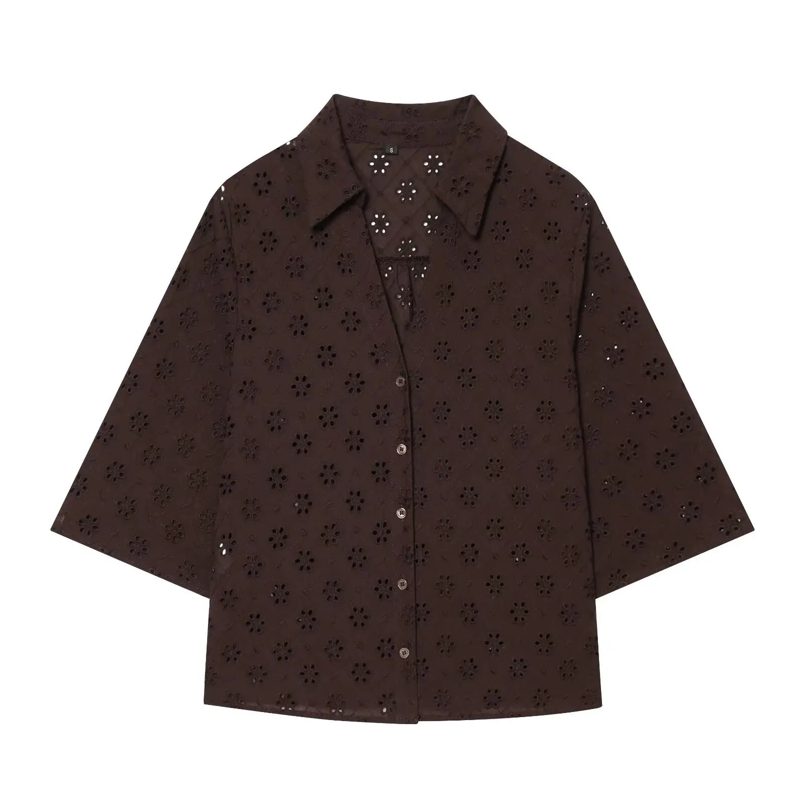 Women Brown Openwork Embroidery Shirt