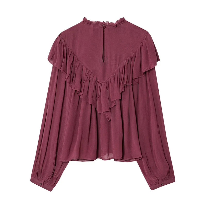 Women Wine Red Ruffle Chiffon Blouse