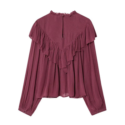 Women Wine Red Ruffle Chiffon Blouse