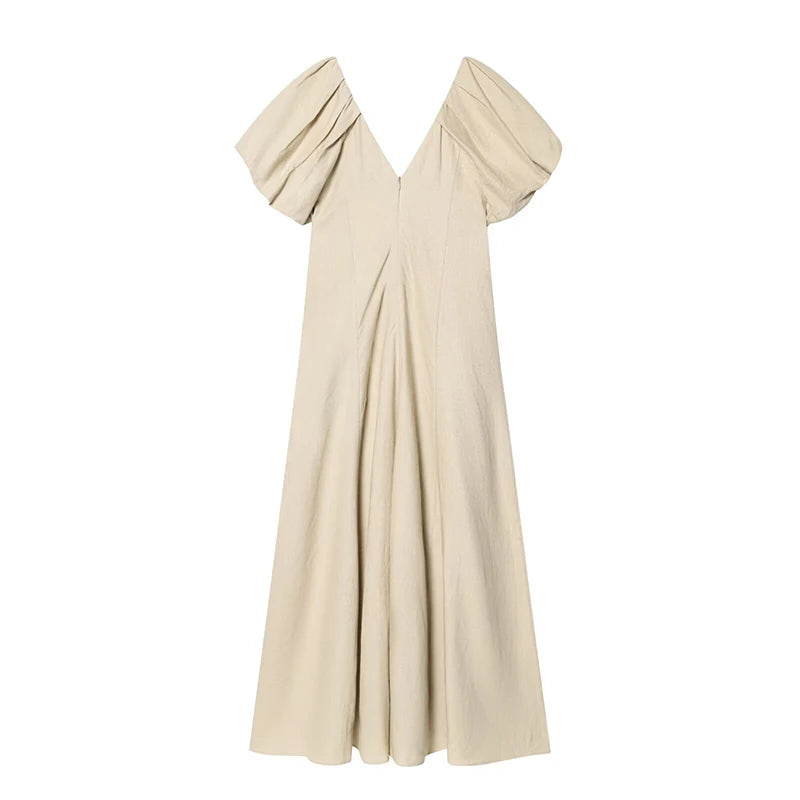 Solid V Neck Puff Sleeve Midi Dress