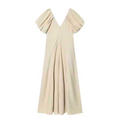 Solid V Neck Puff Sleeve Midi Dress