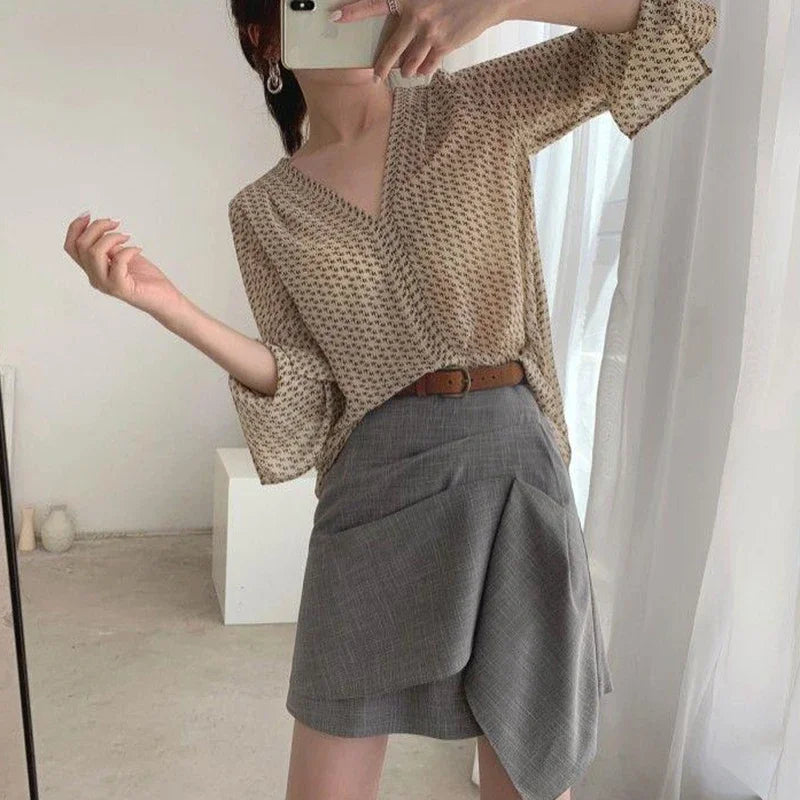 Elegant V-Neck Print Blouses Womens Shirt