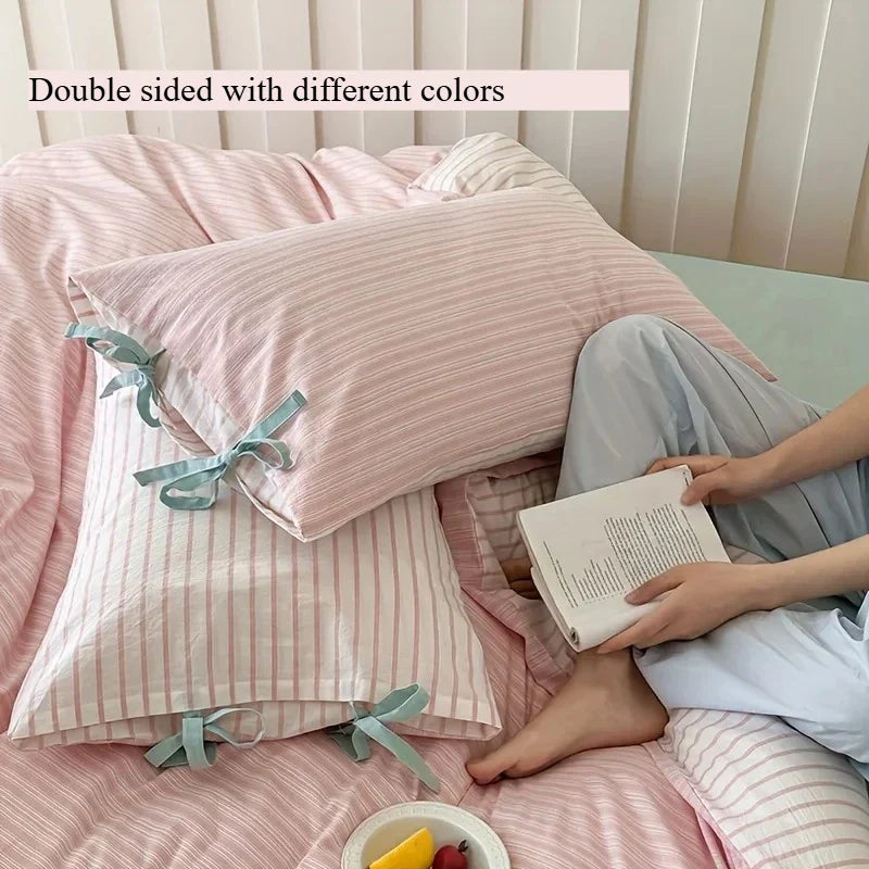 Double Sided Stripes Bow Cotton Pillow Case