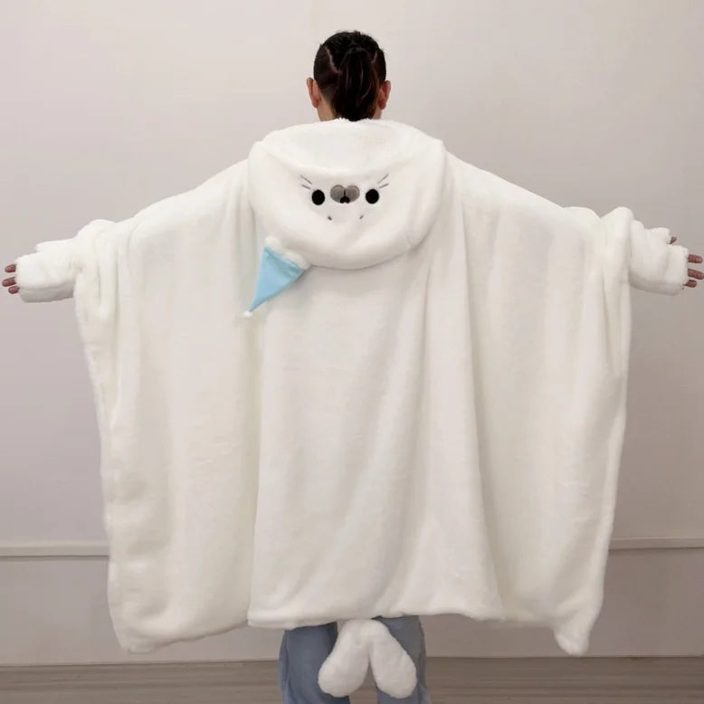 Cartoon Cute Seal Cat Hooded Blanket
