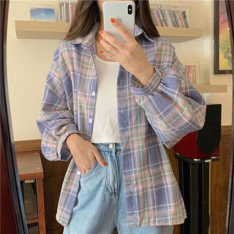 Oversized-Tartan-Jacken-T-Shirt mit Kragen