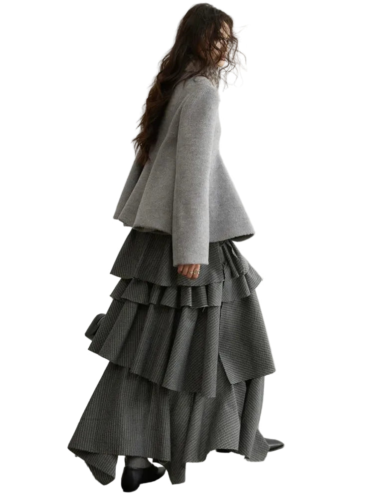 Elegant Grey Striped Ruffled Tiered Skirt