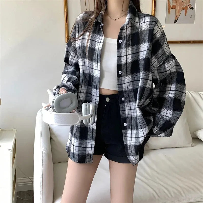 Oversized-Tartan-Jacken-T-Shirt mit Kragen