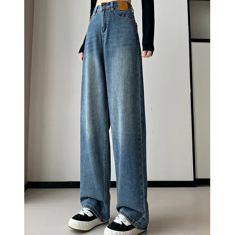 High Waist Vintage Blue Baggy Straight Jeans