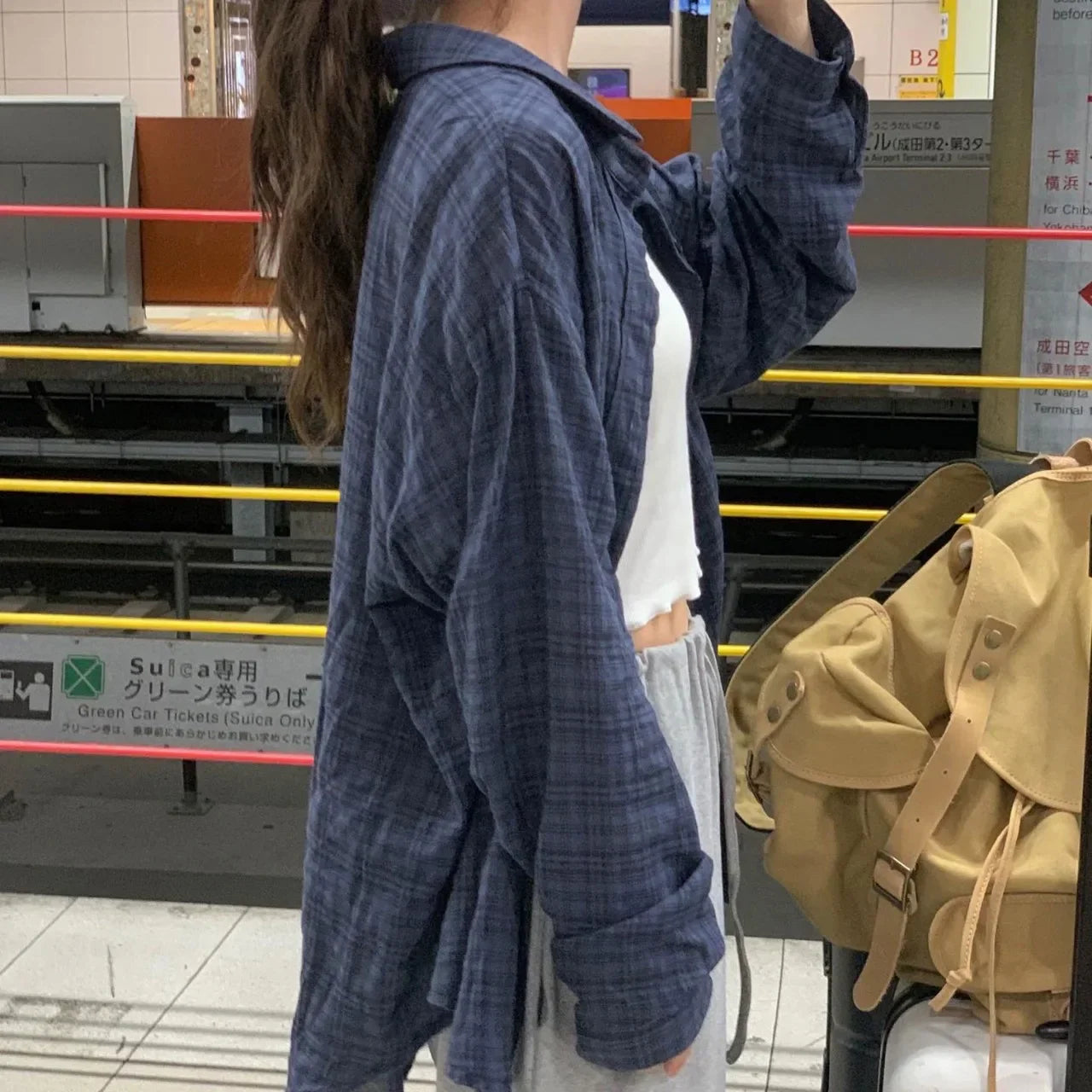 Plaid Oversized Blue Button-Up Shirt