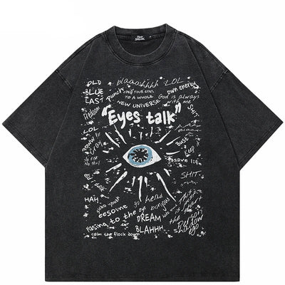Camiseta negra desgastada vintage con estampado de ojos tipo grafiti