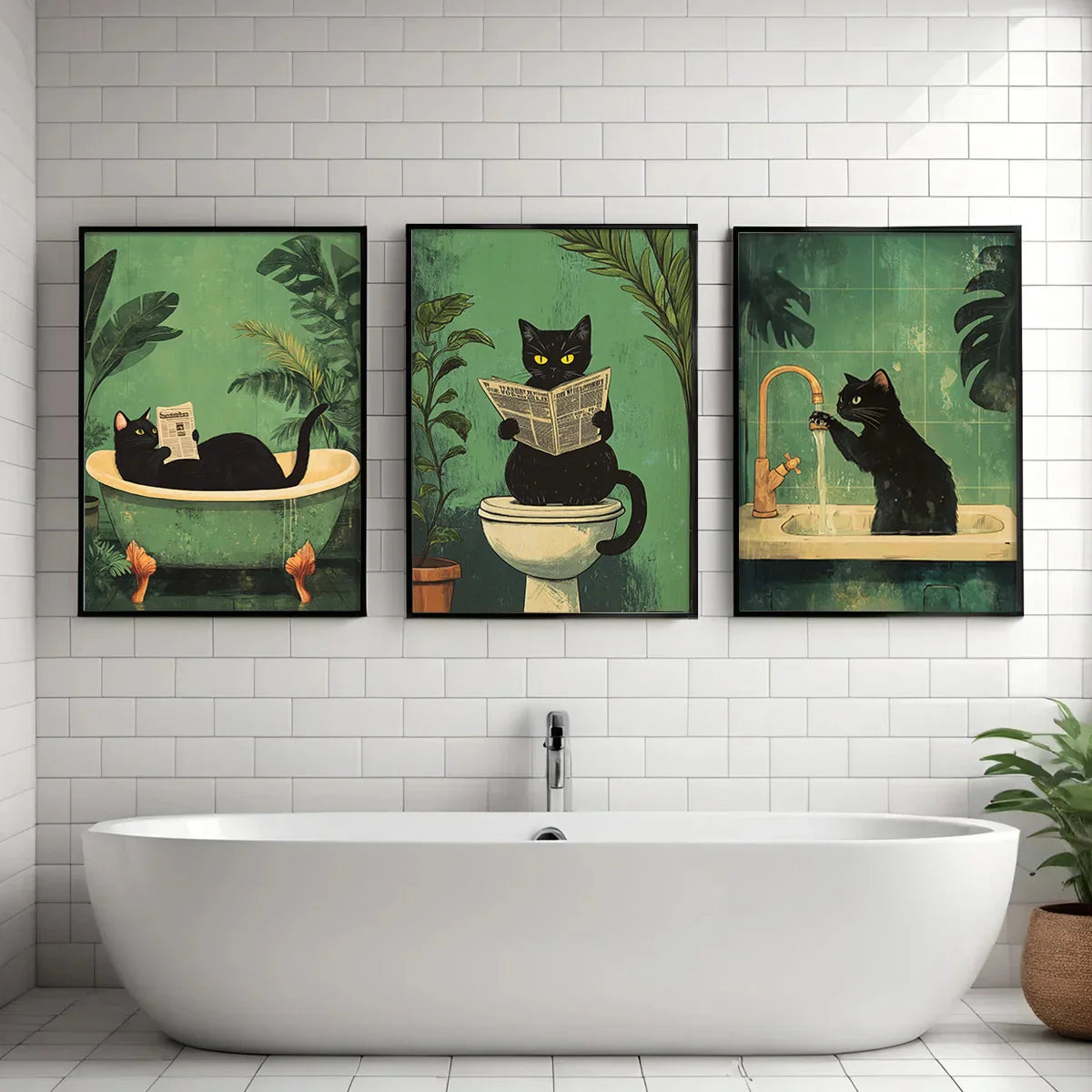 3 Funny Bathroom Black Cat Wall Art