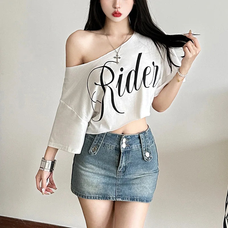Top corto extragrande asimétrico Ride Print