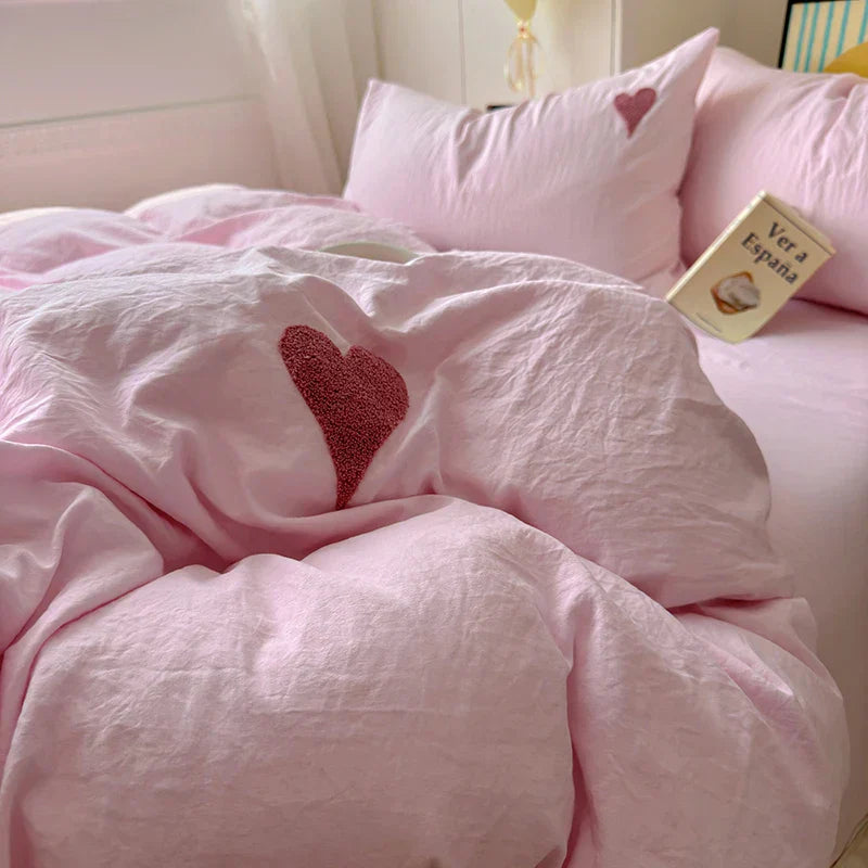 Korean Solid Color Heart Bedding Set