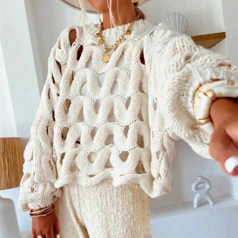 Casual Long Sleeved Hollowed Out Knitted Sweater