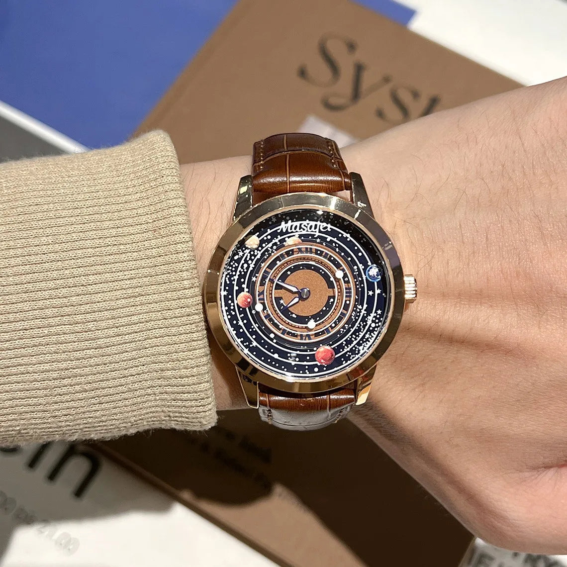 Planet Dial Brown Leather Strap Quartz Watch