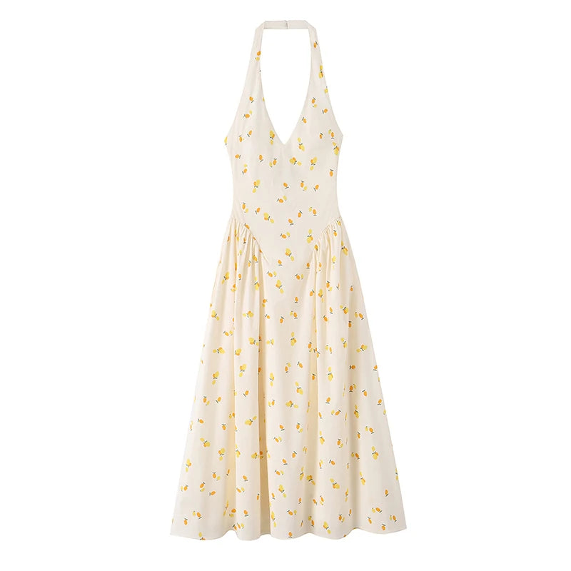Floral Print Halter V Neck Midi Dress