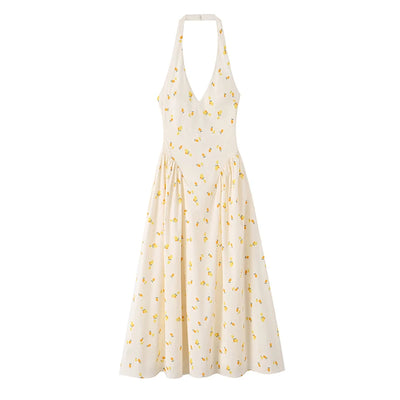 Floral Print Halter V Neck Midi Dress