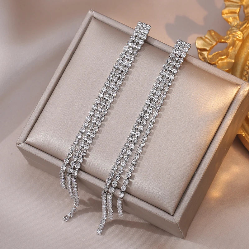 Long Shiny Full Crystal Rhinestone Earrings